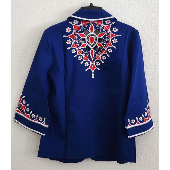 TOP-BOB MACKIE WEARABLE ART-Blue Red-Embroidery-Zipper-Cut Outs-SIZE XSMAL-NWT - Picture 2 of 16